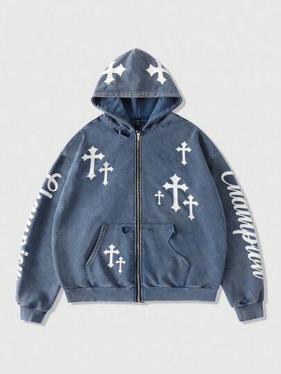 Street Life Sudadera con capucha corta y holgada con estampado de cruz desgastado para hombre, otoño