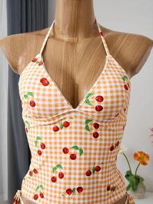 SHEIN Swim Summer Sweet Cherry Plaid Bikini Set - Multicolor - View 10