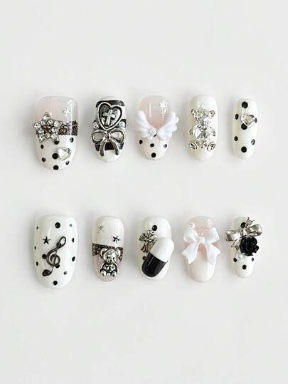Anime 10pcs Cute Wing, Chain, Music Note, Star, Clover Element High Quality Handmade False Nails + 3pcs Double-Sided Adhesive, Y2K French Style Rhinestone Chain Polka Dot Removable Nail Art Stickers, Suitable For Holidays, Parties, Dancing And Daily Wear
