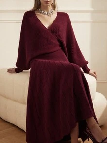 Aveloria Rosie Women's Wine Red V-Neck Faux Wrap Design Cinched Waist Batwing Sleeve Sweater & Pleated A-Line Long Skirt 2 Pieces Set, Autumn/Winter - Red - View 4