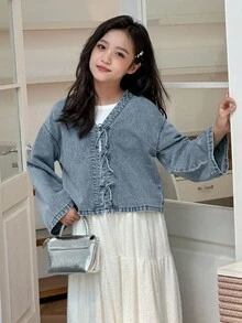 DAZY 少女休闲水洗牛仔蝴蝶结装饰喇叭袖衬衫 - 藍色 - 查看 4