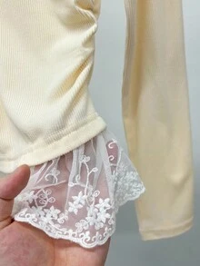 Franclia 女士T恤/纽扣缝线蕾丝修身优雅长袖T恤/Y2K风格/女士休闲大领长袖上衣/新款褶皱收腰打底上衣/春夏秋季 - 白色 - 查看 7