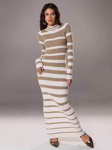 SHEIN Unity Casual All-Match Color Block Striped Long Sweater Dress Fall Winter Cloth For Women - Multicolor - View 1