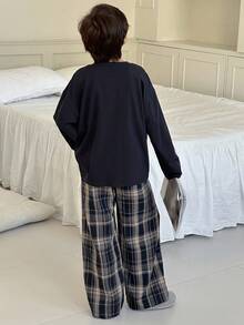 DAZY Tween Girl Casual Solid Color Long Sleeve Top And Plaid Pants Pajama Set, Autumn - Navy Blue - View 5