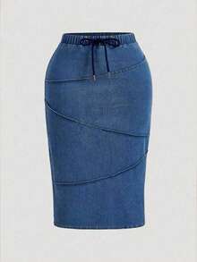 SHEIN MOD Falda vaquera casual de tubo con cordón en la cintura para mujer de talla grande - Azul - Ver 1