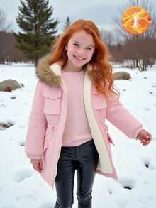 SHEIN Young Girl' Pink Hooded Pocket Jacket With Furry Collar, Slim Fit, Warm & Comfortable, Thermal Lining, Winter - Baby Pink - View 3