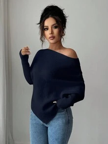 Elenzga Áo len dệt kim cổ tròn tay cánh dơi bất đối xứng dành cho nữ, đa năng cho kỳ nghỉ và ngày lễ, mùa xuân/thu/đông - Màu xanh hải quân - Xem 7