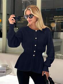 EURMUSE Damen einfarbige Strickjacke mit Knöpfen vorne und Rundausschnitt