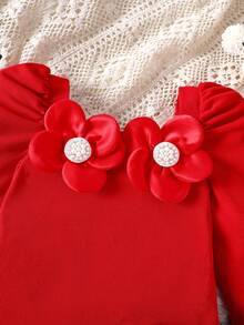 SHEIN 2pcs/Set Young Girls Autumn New Outfit,Off Shoulder Puff Sleeve Top With 3D Floral Decor,Red Plaid Skirt,Elegant Vintage Birthday Party Suit,Christmas - Red - View 5