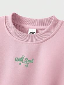 JNSQ 年轻女孩两件套服装，宽松圆领长袖运动衫，背面有有趣的字母印花，搭配宽松运动裤，适合秋季、冬季、日常穿着、户外活动、度假、街头服饰、派对、休闲 - 粉色 - 查看 2