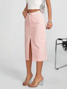 EURMUSE Váy denim cạp cao trơn đơn giản dành cho nữ - Hồng - Xem 4