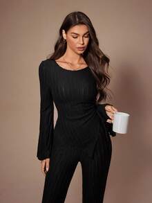 SHEIN 女士针织羊毛不对称领口和下摆抽绳褶皱侧长袖裤家居服套装，秋冬服装，舒适装 - 黑色 - 查看 7