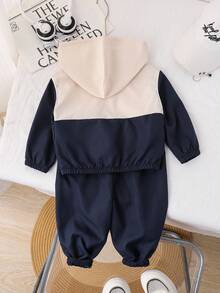 SHEIN Bộ 2 áo khoác cardigan trùm đầu in chữ màu tương phản và quần nỉ cho bé trai/bé gái - Màu xanh hải quân - Xem 2