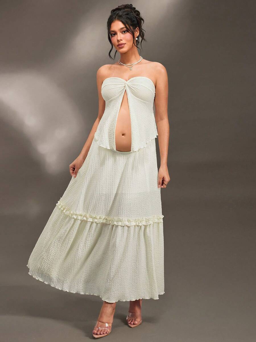 Cheriluna Maternity 孕妇扭纹前抹胸和荷叶边下摆中长裙摄影服装套装 - 米色 - 查看 1