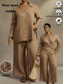 EMERY ROSE Plus-Size Women's Woven Regular Autumn/Winter Comfortable Casual Commuting Hem Cross-Tie Long-Sleeve Shirt Wide-Leg Pants Brown Two-Piece Set - Brown - View 1