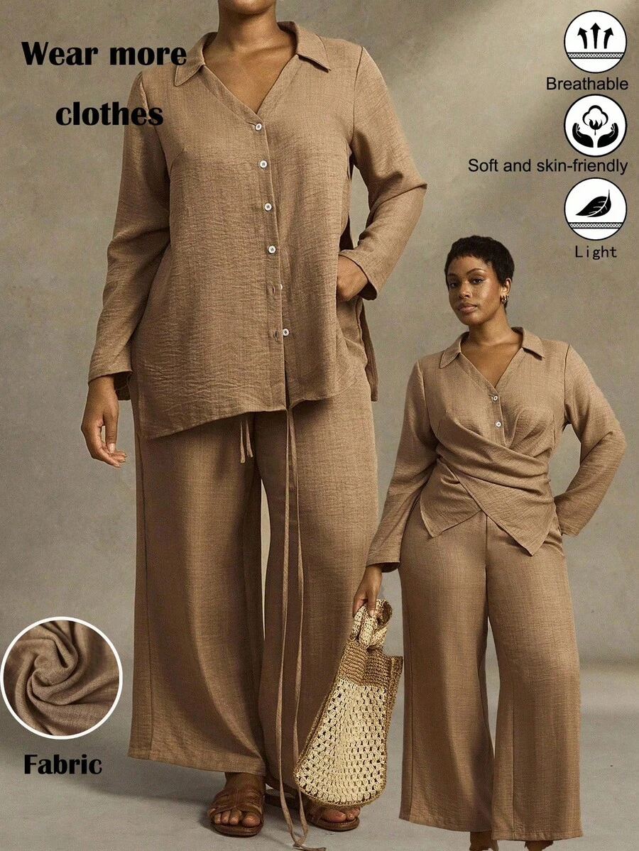 EMERY ROSE Plus-Size Women's Woven Regular Autumn/Winter Comfortable Casual Commuting Hem Cross-Tie Long-Sleeve Shirt Wide-Leg Pants Brown Two-Piece Set - Brown - View 1