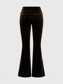 ROMWE Grunge Punk Y2K Velvet Crop Top Hoodie & Flare Pants 2 Pieces Set For Women - Coffee Brown - View 4