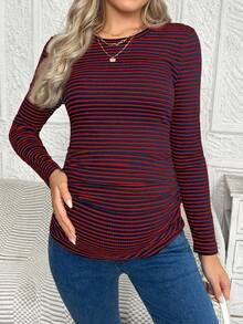 SHEIN 孕妇条纹圆领长袖修身休闲T恤 - 寶藍色 - 查看 3
