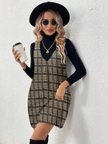 SHEIN LUNE 女士休闲简约粗花呢格子图案短连衣裙，适合秋冬季节穿着，休闲百搭。 - 彩色 - 查看 4