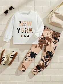 Explorewe Leggings à taille élastique avec imprimé silhouette décontracté pour filles + ensemble 2 pièces avec un haut ample et confortable avec imprimé lettres créatif. Design polyvalent convenant à l'automne, le printemps, l'hiver, pour un usage quotidien, les déplacements, les activités extérieures, les sports, l'école, la rue, les fêtes, la photographie - Multicolore - Voir 1