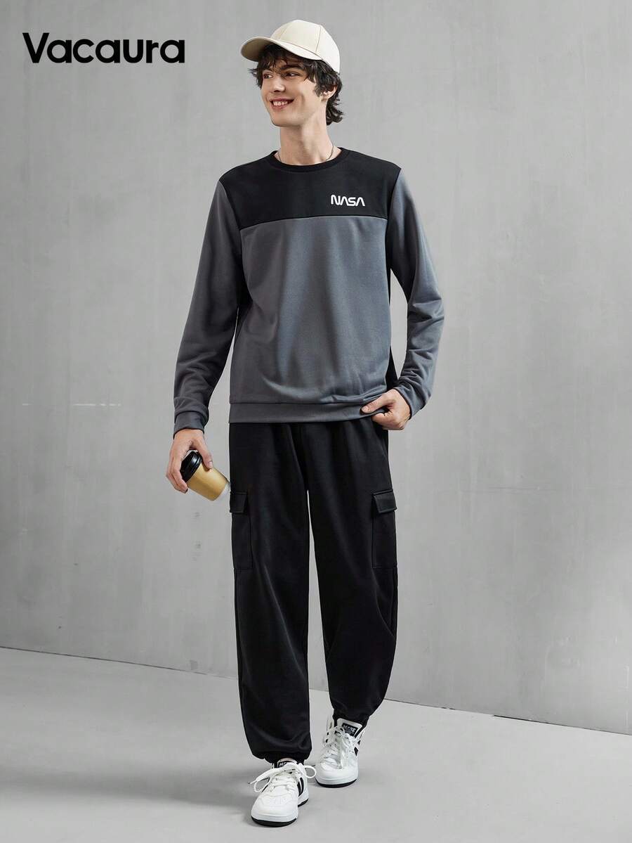 Vacaura 2 件套休闲撞色拼布字母印花圆领套头衫和慢跑裤,带侧袋套装,适合青少年男孩休闲、上学、日常穿着和运动 - 黑色 - 查看 1