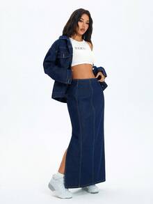 SHEIN Casual Low-Waist Patchwork Side Slit Maxi Denim Skirt