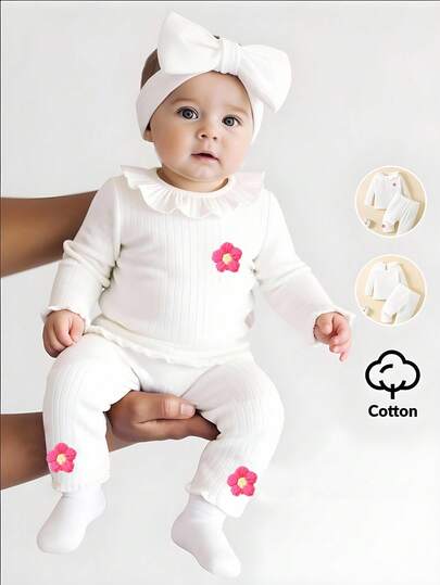 SHEIN 2件套新生儿秋冬圆领蝴蝶结纯棉柔软舒适简约长袖上衣和裤子套装，荷叶边领口舒适上衣搭配3D立体花卉装饰休闲裤，适合居家和户外穿着。