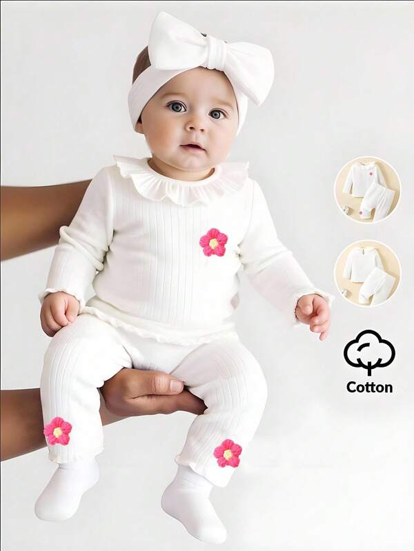 SHEIN 2pcs Newborn Autumn/Winter Crew Neck Bowknot Cotton Soft Comfortable Simple Long Sleeve Top & Pants Set, Ruffled Collar Cozy Blouse & Casual Trousers With 3D Floral Decor, Suitable For Home And Outdoor Wear Fall