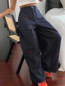 DAZY Pantalones vaqueros holgados de mujer de estilo occidental con bolsillo y bordado de corazón, para el verano - Azul - Ver 7