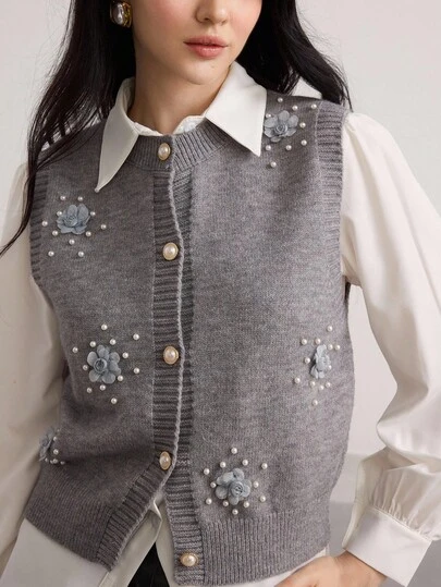 Heiryn 女士花卉纯色圆领毛衣背心秋冬女装