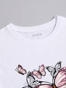 EMERY ROSE 粉色蝴蝶图案常规圆领短袖女式T恤 - 白色 - 查看 5