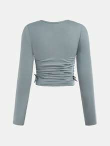 SHEIN Girlism 2 件套青少年女孩纯色圆领褶皱休闲长袖 T 恤