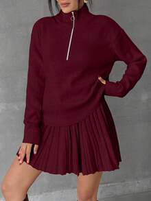 EURMUSE Women Solid Color Zipper Neck Drop Shoulder Pullover & Sweater Skirt Set - Burgundy - View 5