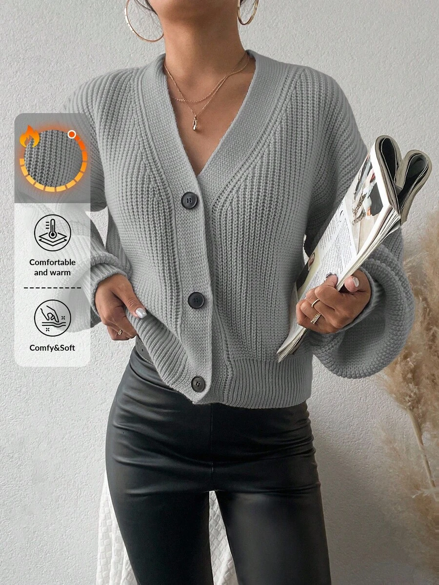 EURMUSE Cardigan casual versatil cu mânecă tip felinar în culoarea uni - Gri - Vizualizare 1