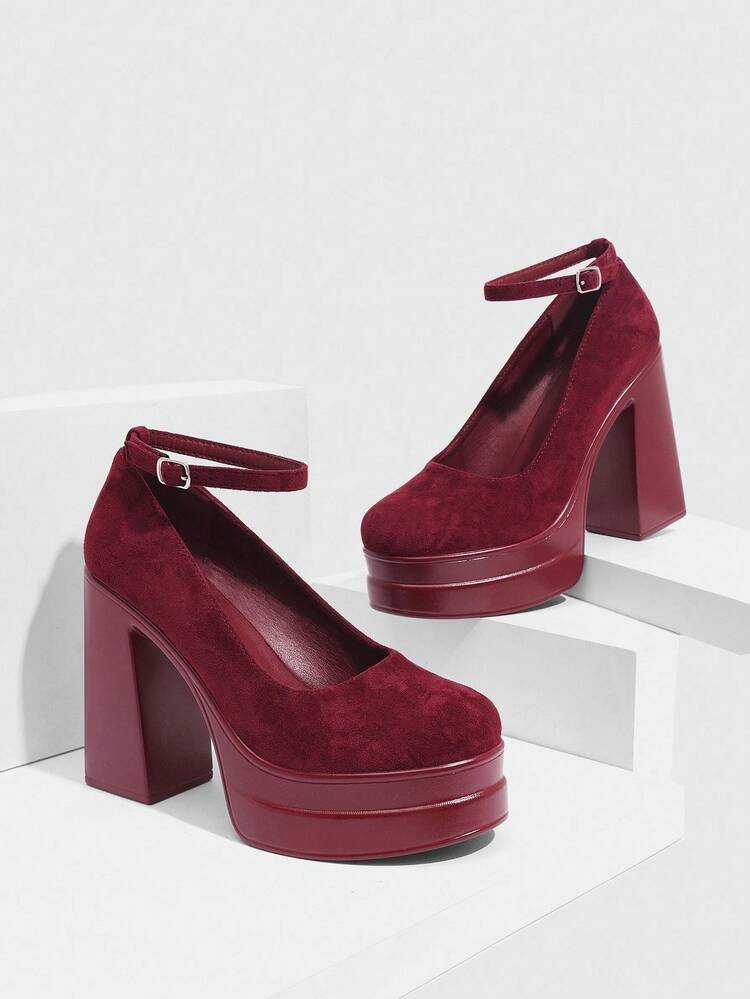 CUCCOO SZL Women's Round Toe High Block Heel Thick Sole Burgundy Ankle Strap High Heel Pumps, Fashionable Sexy Comfortable Casual Commuting Shoes For Christmas Spring Shoes
