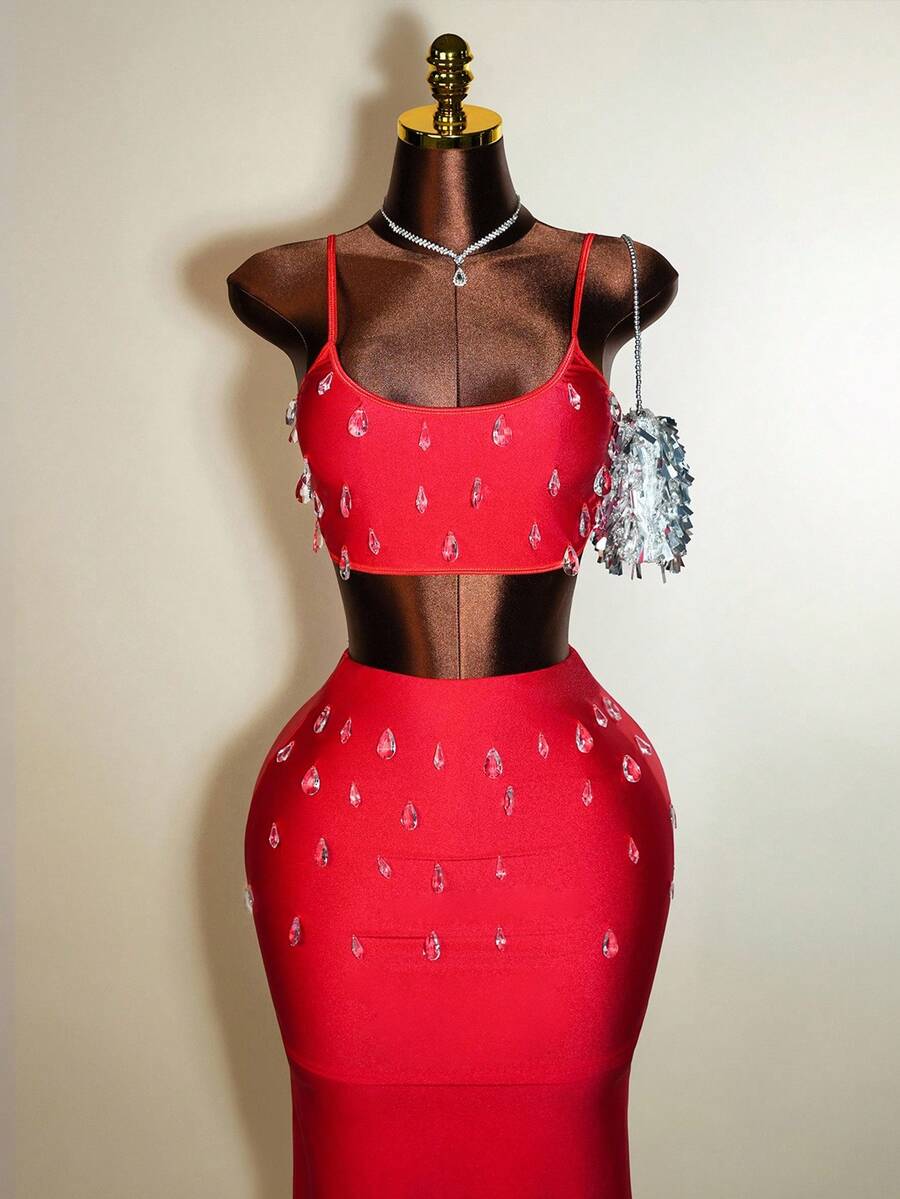 BamGleam 女士性感水晶亮片吊带背心和紧身裙两件套 - 紅色 - 查看 1