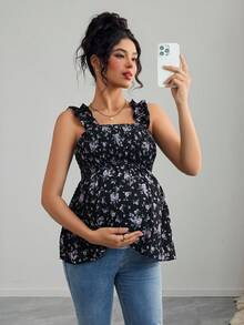 Momance 孕妇荷叶边宽肩带前后系带A字吊带衫 - 黑色 - 查看 3