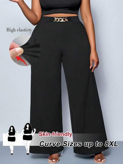SHEIN CURVE+ Pantalones de pierna ancha con detalle de cinturón de unicolor para mujer de talla grande, pantalones adecuados para todas las estaciones, apropiados para fiestas, conciertos, estilo diario de viaje, festivales de música, romance, San Valentín, vacaciones