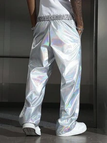 Manfinity EMRG Manfinity Streetrush Men's Silver Niche Design Laser Shiny Loose Straight Leg Trousers, Y2k Reflective Harajuku Rave Disco Holographic Pants, Fall