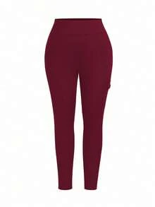 Calvaya Plus Size Women Casual Solid Color Pocket Leggings Fall - Red - View 4