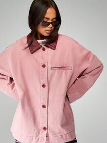 MISSGUIDED Oversized Barn Jacket Retro Style Denim Jacket Button Front Cotton Canvas Workwear Fall Winter Outerwear With Burgundy Leather Collar - Multicolor - View 6
