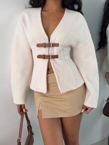 SHEIN EZwear Women's Autumn/Winter V-Neck Cinched Waist Leather Buckle Decor Flared Sleeve Wool Blend Coat,For Going Out Outfits