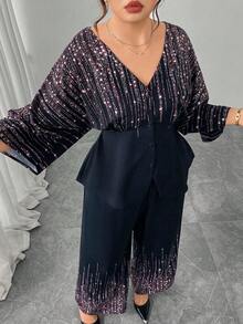 Modelyn 2pcs Plus Size Women Star Print V-Neck Top & Pants Set - Navy Blue - View 1