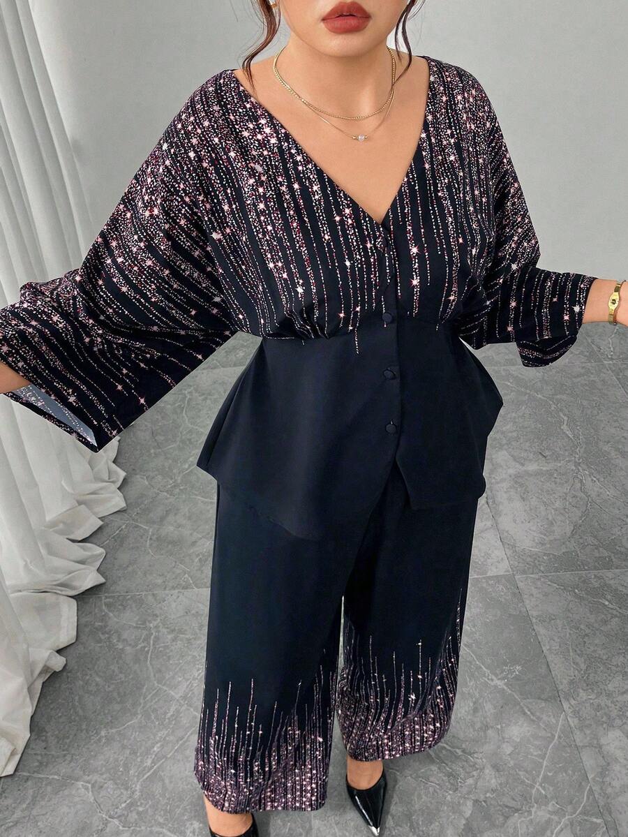 Modelyn 2pcs Plus Size Women Star Print V-Neck Top & Pants Set - Navy Blue - View 1