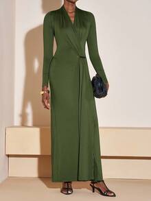 Zivah Vestido maxi de mujer elegante y casual para otoño e invierno 2025 con manga larga, decoración metálica, cuello en V y pliegues, ideal para viajes, ir a trabajar, fiestas, vacaciones, estilo de dinero antiguo, compras, banquetes, elegante, citas, informal - A - Verde - Ver 5