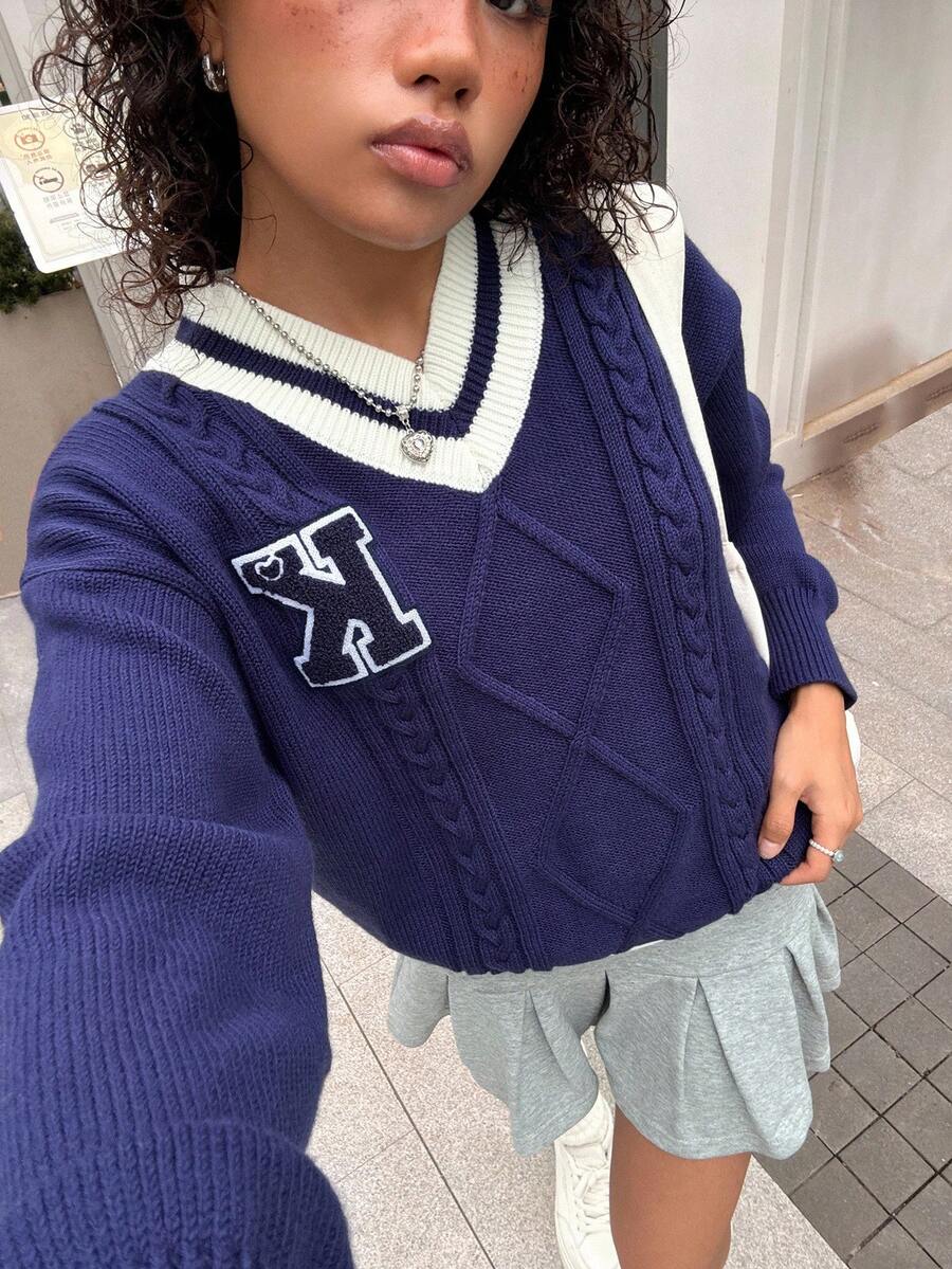 INAWLY Maglione casual da donna in maglia con colletto a blocchi di colore e lettera, autunno/inverno