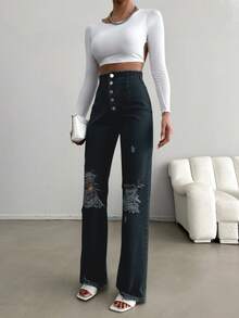 SHEIN Cottnline Vaqueros De Pierna Recta Desgastados - Negro - Ver 4