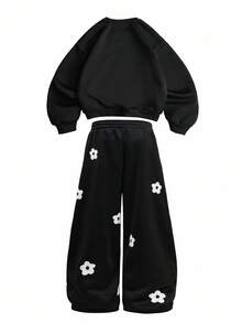 Manfinity EMRG 2 件套男士花卉 3D 刺绣 Y2K 风格宽松套头运动衫和运动裤，秋冬装 - 黑色 - 查看 3