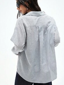 GENKIRA 条纹印花落肩衬衫（不穿胸罩）度假纽扣衬衫 女款 - 灰色 - 查看 2