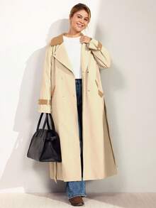Momelise Plus Size Women PU Leather Patchwork Windbreaker, Mid-Length High-End Elegant Jacket - Khaki - View 7